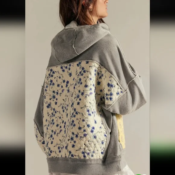 Floral Patchwork Hoodie - Gray and Yellow - Picture 2 of 3
